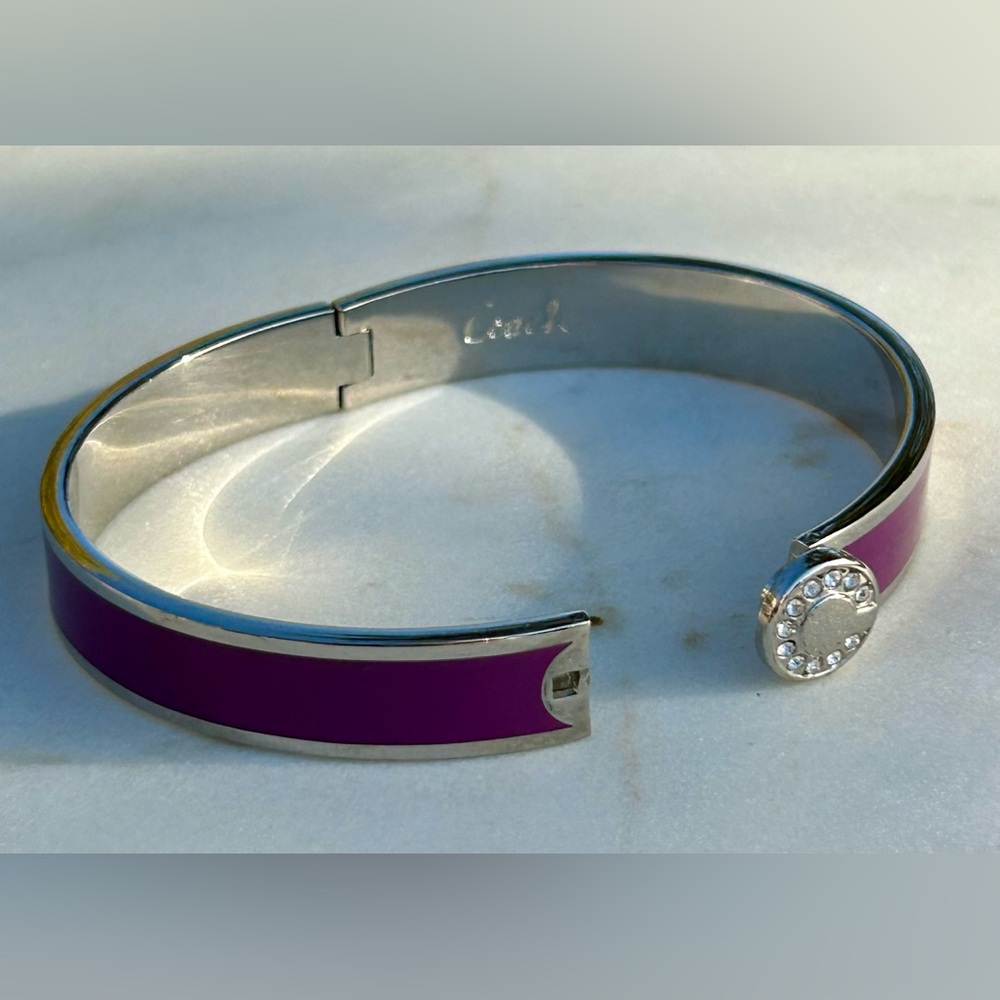 Coach Signature C Magenta Purple Silver Enameled Hinged Bangle Bracelet - Picture 6 of 15